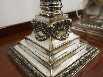 Antique Pair of Silver Plated Corinthian Oil Lamps