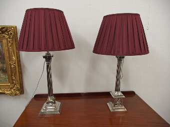 Antique Pair of Silver Plated Corinthian Oil Lamps