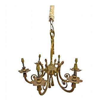 Continental Brass Chandelier with Decorated Porcelain Shades