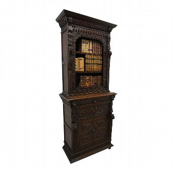 Flemish Carved Oak Cabinet Bookcase