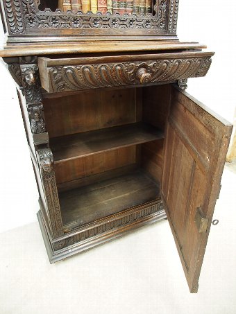 Antique Flemish Carved Oak Cabinet Bookcase
