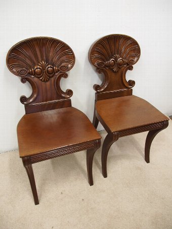 Antique Pair of Regency Carved Mahogany Hall Chairs