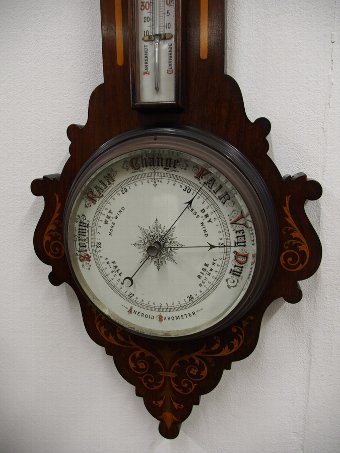 Antique Victorian Mahogany and Inlaid Barometer and Thermometer