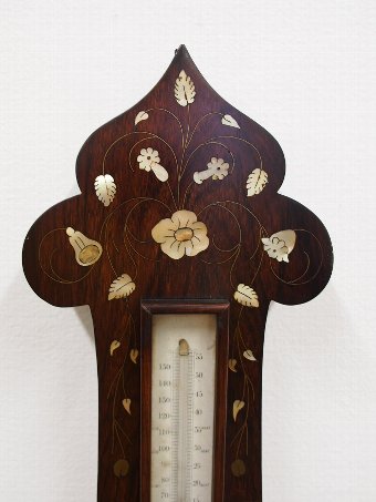 Antique Mother of Pearl and Copper Inlaid Barometer and Thermometer