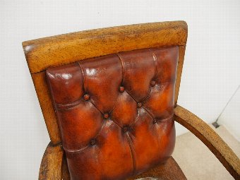 Antique Oak and Leather Button Back Library Chair