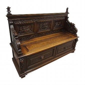 Large Carved Oak Flemish Hall Bench