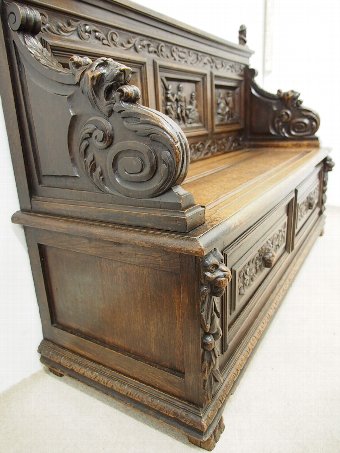 Antique Large Carved Oak Flemish Hall Bench
