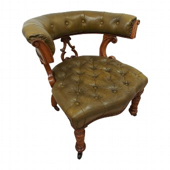 Victorian Oak Frame Tub Chair with Green Leather