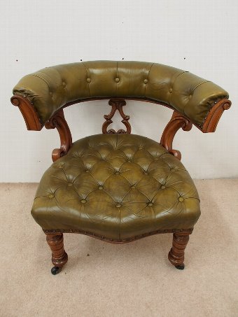 Antique Victorian Oak Frame Tub Chair with Green Leather