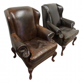 Georgian Style Wingback Chairs in Brown Leather