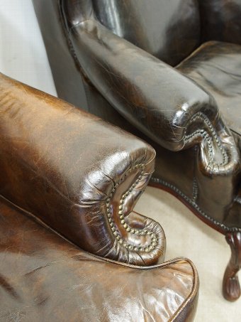 Antique Georgian Style Wingback Chairs in Brown Leather