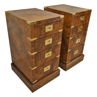 Pair of Burr Walnut Military Chest of Drawers or Bedsides