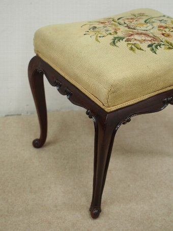 Antique Mahogany Stool with Hand Embroidered Top