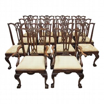 Set of 14 Oak Chippendale Dining Chairs