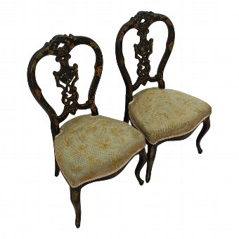 Unusual, Small Pair of Ebonised and Mother of Pearl Side Chairs