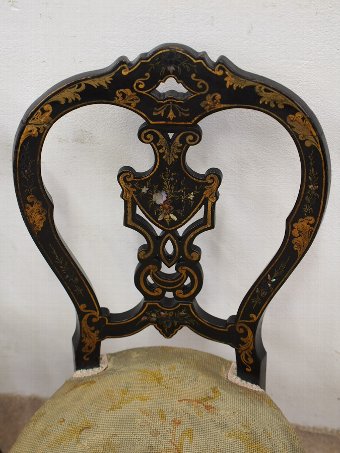 Antique Unusual, Small Pair of Ebonised and Mother of Pearl Side Chairs