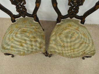 Antique Unusual, Small Pair of Ebonised and Mother of Pearl Side Chairs
