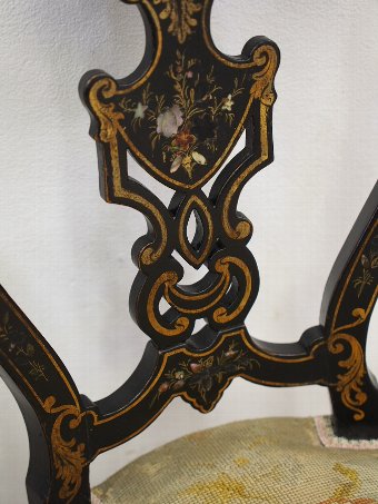 Antique Unusual, Small Pair of Ebonised and Mother of Pearl Side Chairs
