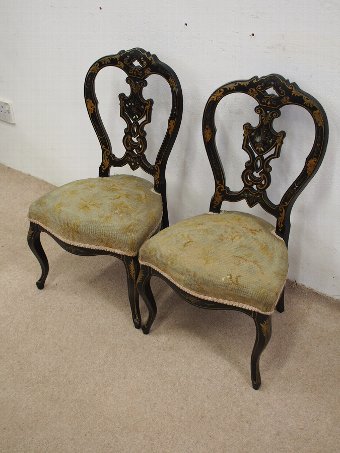 Antique Unusual, Small Pair of Ebonised and Mother of Pearl Side Chairs