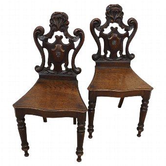 Pair of Victorian Carved Oak Hall Chairs