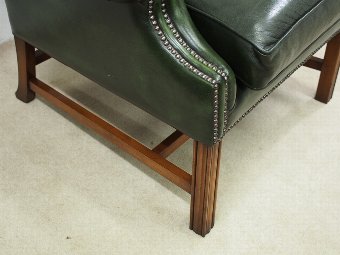Antique George III Style Green Leather Wing Chair