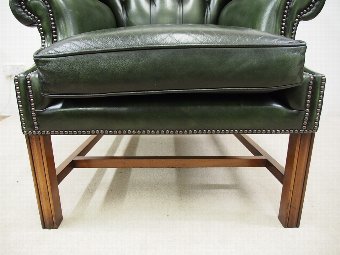 Antique George III Style Green Leather Wing Chair