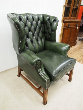 Antique George III Style Green Leather Wing Chair