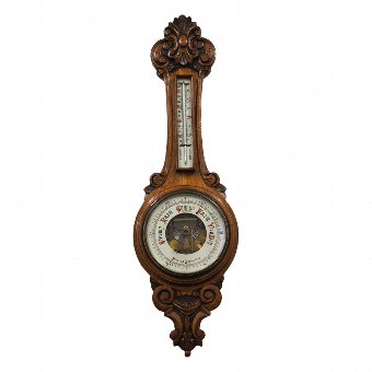 Carved Oak Aneroid Barometer and Thermometer