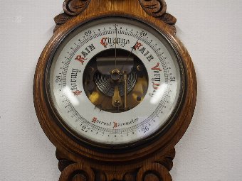 Antique Carved Oak Aneroid Barometer and Thermometer