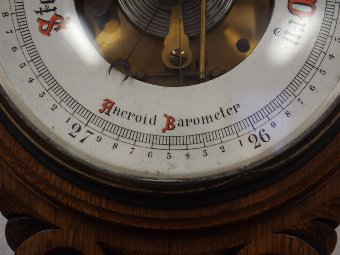 Antique Carved Oak Aneroid Barometer and Thermometer