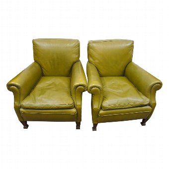 Pair of Green Leather Upholstered Library Chairs