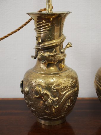 Antique Pair of Chinese Bronze Lamps