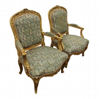 Pair of Louis XV Carved and Giltwood Armchairs