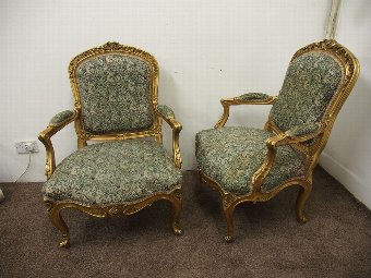 Antique Pair of Louis XV Carved and Giltwood Armchairs