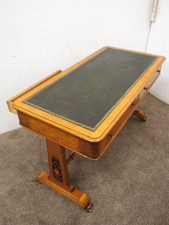 Antique Rare Pine and Green Leather Library Table