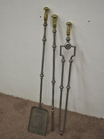 Antique Set of 3 George IV Steel and Brass Fireside Tools