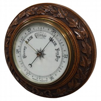 Carved Oak and Glazed Circular Barometer