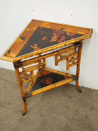 Antique Unusual Japanese Bamboo Inlaid and Lacquered Corner Table