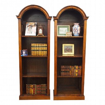 Pair of Tall Figured Walnut Open Bookcases