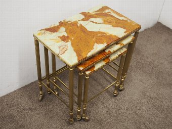 Antique Nest of 3 Marble and Brass Occasional Tables