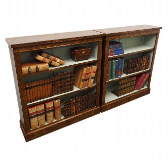Pair of Victorian Burr Walnut Open Bookcases