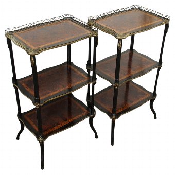 Pair of French Victorian Amboyna, Boxwood and Ebony Etageres