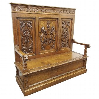 Large Carved Oak Hall Bench with Heraldic Designs