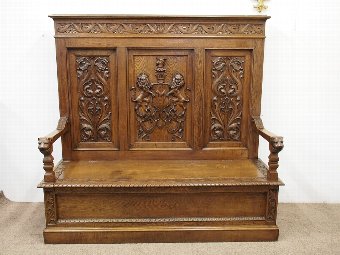 Antique Large Carved Oak Hall Bench with Heraldic Designs