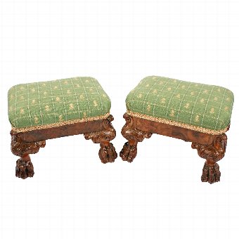  Pair of Carved Walnut and Burr Walnut Foot Stools
