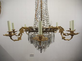 Antique French Crystal and Gilded Brass Chandelier