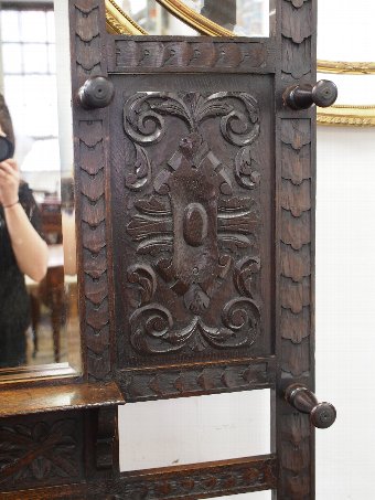 Antique Carved Oak Mirror Back Hall Stand