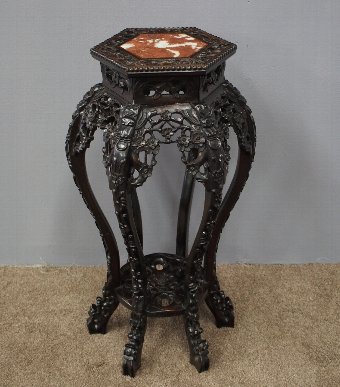 Carved Chinese Rosewood and Pink Marble Stand