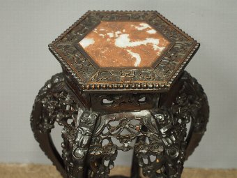 Antique Carved Chinese Rosewood and Pink Marble Stand