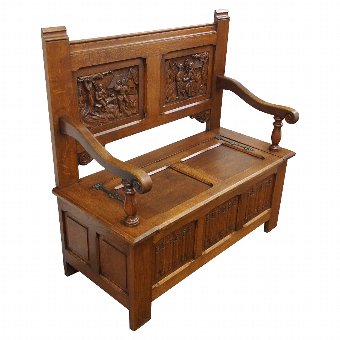 Carved Golden Oak Hall Bench